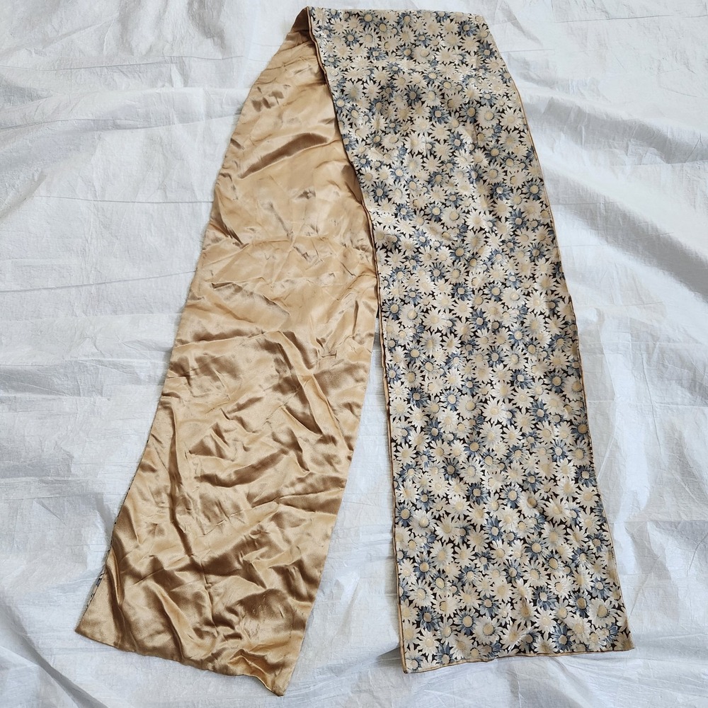 Vintage 60s 70s Daisy Floral Satin Scarf Oblong Retro Mod Gold Cream 8x54